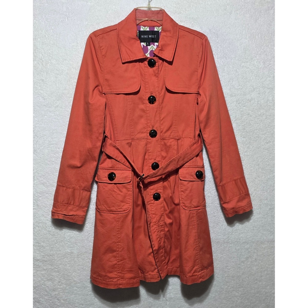 Nine‎ West Orange Cotton Blend Trench Coat Belted Button Front L